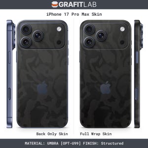 May include: Image of iPhone 17 Pro Max skins. The skins feature a dark camouflage pattern. The image shows a back-only skin and a full-wrap skin. The material is Umbra, with a structured finish. The Apple logo is visible.