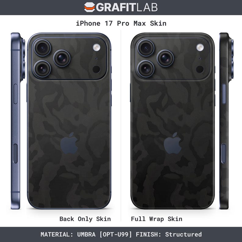 May include: Image of iPhone 17 Pro Max skins. The skins feature a dark camouflage pattern. The image shows a back-only skin and a full-wrap skin. The material is Umbra, with a structured finish. The Apple logo is visible.