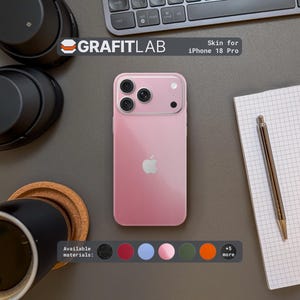 May include: A pink smartphone skin for an iPhone 18 Pro featuring a smooth finish and a cutout for the triple camera array. The image includes the text GRAFITLAB Skin for iPhone 18 Pro and a row of circular color swatches labeled Available materials.