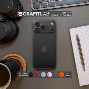 May include: A black textured adhesive skin for an iPhone 18 Pro Max featuring a carbon fiber-like pattern, a camera module cutout, and an Apple logo cutout. The text GRAFITLAB and Skin for iPhone 18 Pro Max are visible above the device.