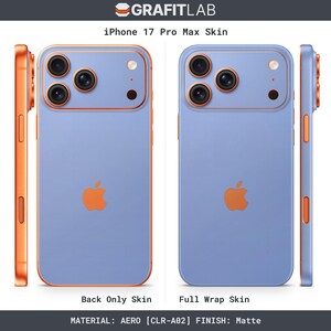 May include: A light blue iPhone 17 Pro Max skin with orange accents. The image shows the back and side views of the phone skin, with options for back-only or full wrap. The Apple logo is visible. The text on the image says "GRAFITLAB" and "iPhone 17 Pro Max Skin".