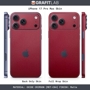 May include: An iPhone 17 Pro Max skin in Oxide Crimson [MET-C04] matte finish. The image shows a back-only skin and a full wrap skin. The Apple logo is visible. The phone's side is a dark blue color.