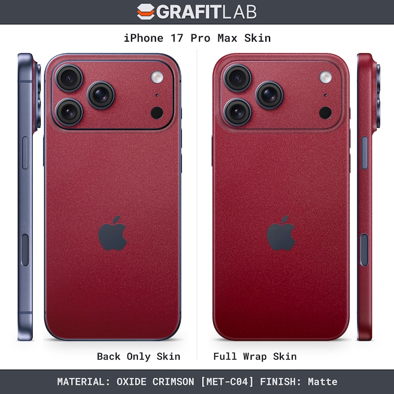May include: An iPhone 17 Pro Max skin in Oxide Crimson [MET-C04] matte finish. The image shows a back-only skin and a full wrap skin. The Apple logo is visible. The phone's side is a dark blue color.