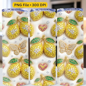 Inflated Rhinestone Lemon Fruit Tumbler Wrap PNG, Yellow Coquette Lemonade Design, 20oz Jewelry Citrus Sublimation PNG, 3D Lemon Bow