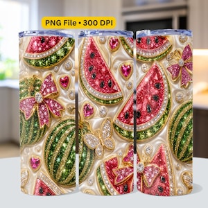 May include: Three stainless steel tumblers with a decorative design. The design features sparkling red watermelon slices, green watermelon halves, and pink bows, butterflies, and hearts, set against a pearl-like background. The text "PNG File • 300 DPI" is visible.