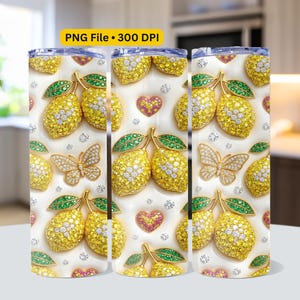 Aufgeblasene Strass Zitronenfrucht Tumbler Wrap PNG, Gelbe Coquette Lemonade Design, 20 Unze Schmuck Citrus Sublimation PNG, 3D Lemon Bow