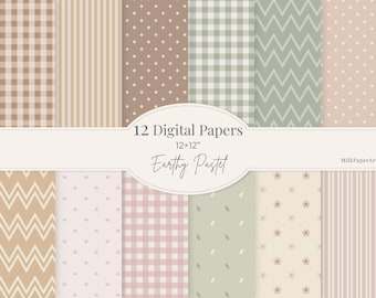 Minimal Earthy Pastel Digital Paper Set (12 pcs) | Printable Scrapbook Sheets | Neutral Pattern Backgrounds