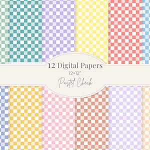 May include: A collection of 12 digital papers, each 12x12 inches, featuring a pastel check pattern. The papers display a variety of colors, including green, teal, purple, yellow, red, and blue. The text "Pastel Check" is displayed on the image.