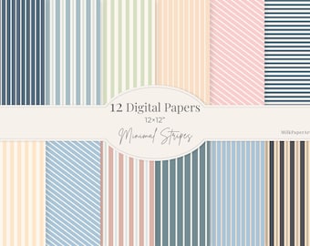Minimalistiskt ränder set – 12 digitala papper | Pastellfärgade utskrivbara bakgrunder