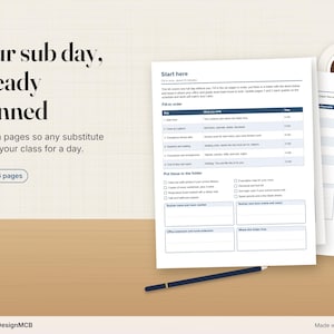 May include: A six-page PDF substitute teacher planning kit featuring the text 'Your sub day, already planned'. The document includes a 'Start here' checklist, a fill-in table for daily procedures, and sections for teacher information and classroom logistics.