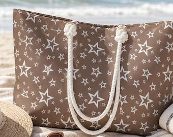 Brown Star Print Weekender Bag, Large Capacity Beach Tote