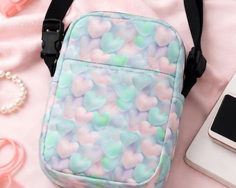 Pastel Hearts Crossbody Bag, Lightweight Travel Purse, Daily Carry, Adjustable Strap