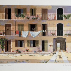 May include: A print depicting a three-story yellow building with green shutters, balconies, and laundry hanging on a line. The scene includes potted plants, open doorways, a wooden chair, and two small dogs on a paved courtyard in the foreground.