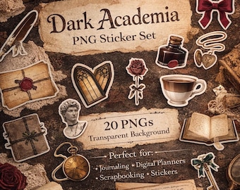 Dark Academia PNG Sticker Set, Vintage Aesthetic Clipart Bundle, Coquette Gothic Elements, Antique Library Digital Download, 20 PNG