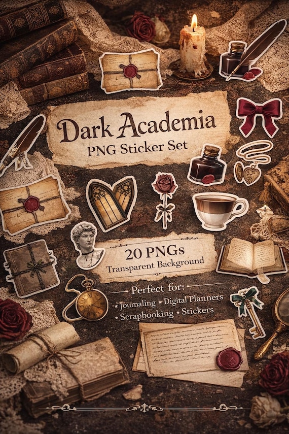 Dark Academia PNG Sticker Set, Vintage Aesthetic Clipart Bundle, Coquette Gothic Elements, Antique Library Digital Download, 20 PNG