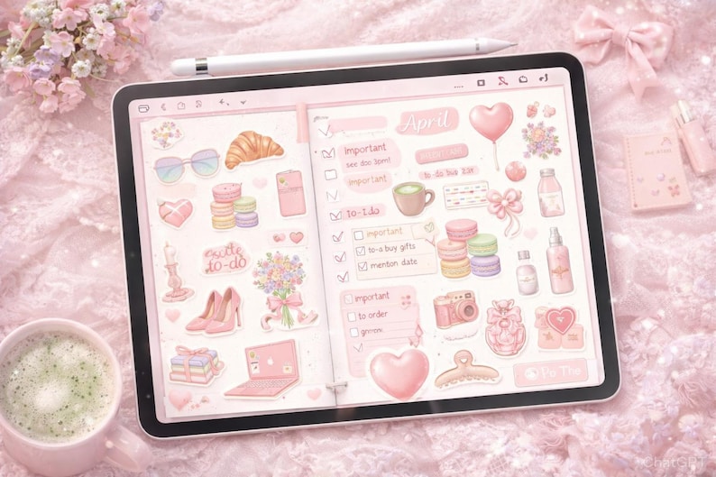 May include: A digital planner on a tablet, featuring a pink theme with stickers of a croissant, sunglasses, macarons, and hearts. The word "April" is visible, along with to-do lists and other decorative elements. A white stylus rests on top.