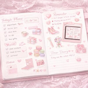 May include: Open pink diary with daily plans, reminders, and notes. The diary is decorated with stickers of gifts, coffee, shoes, and hearts. A white pen and a cup of matcha latte are on the side.