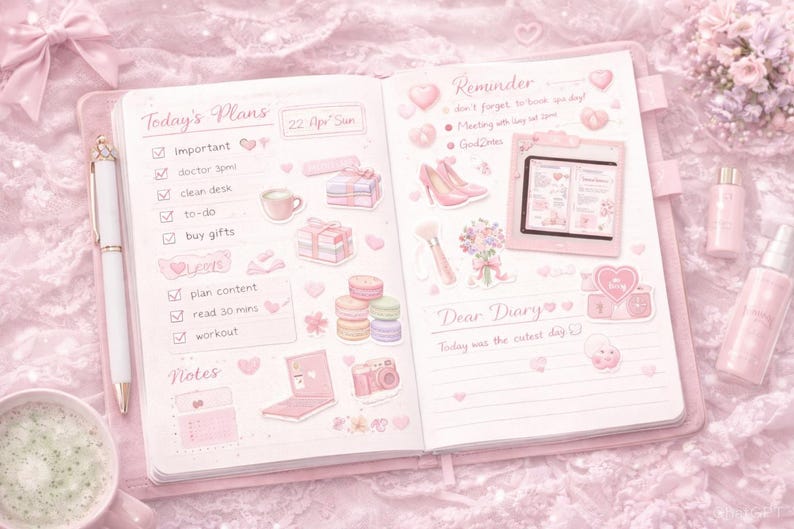 May include: Open pink diary with daily plans, reminders, and notes. The diary is decorated with stickers of gifts, coffee, shoes, and hearts. A white pen and a cup of matcha latte are on the side.