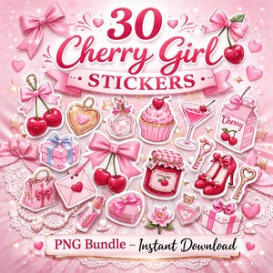 以下が含まれることがあります： ピンクをテーマにした30個の「Cherry Girl」ステッカーのコレクション。ステッカーには、さくらんぼ、リボン、香水瓶、カップケーキ、ギフトボックスが含まれています。画像は、「PNG Bundle - Instant Download」というテキストとともに、柔らかくフェミニンな美学を持っています。