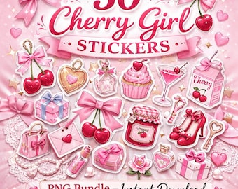 Cherry Girl Stickers PNG Bundle | Coquette Planner Clipart (Instant Download)
