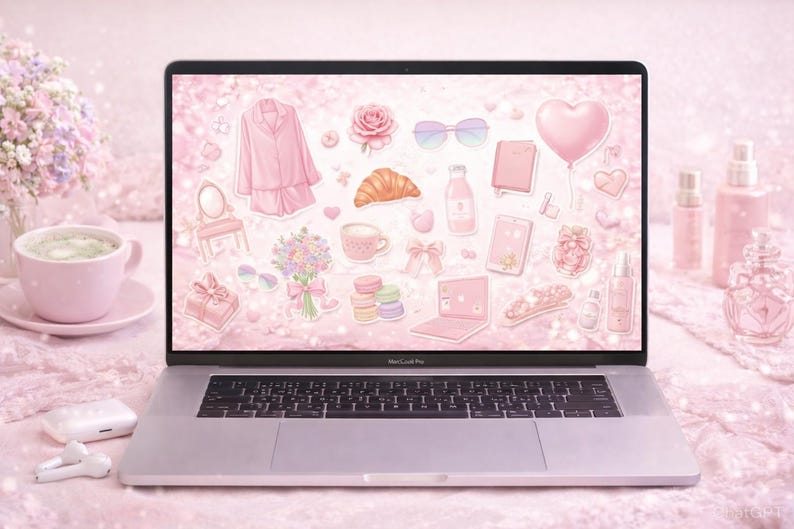 May include: A laptop displays a pink-themed digital collage of stickers, including a pajama set, rose, croissant, and perfume bottles. A cup of coffee, flowers, and a pair of wireless earbuds are in the foreground. The overall aesthetic is soft and feminine.