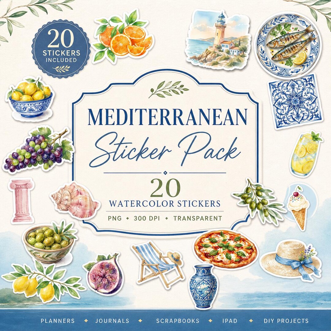 Mediterranean Summer Sticker Pack | Lemon, Olive, Seafood, Beach ...