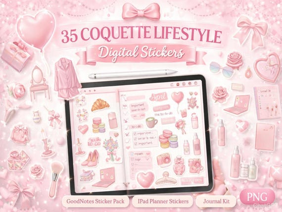 Coquette Digital Sticker Bundle for Goodnotes, Pink Girly Planner Stickers, Instant Download Journal Kit, iPad Scrapbook PNG Set
