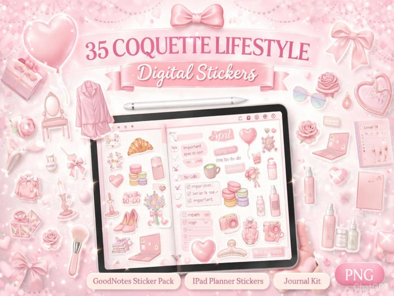 May include: A digital sticker set with a pink theme, featuring the text "35 COQUETTE LIFESTYLE Digital Stickers." The image includes stickers of a tablet, bows, hearts, a croissant, perfume bottles, and other lifestyle elements. The stickers are designed for use with GoodNotes and iPad planners.