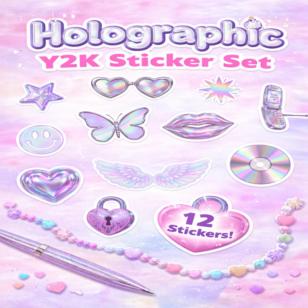 Y2K Holographic Sticker Pack, Digital PNG Stickers, Cute Aesthetic ...