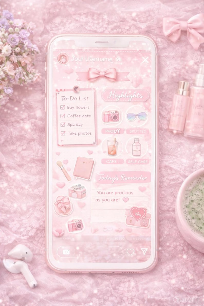 May include: A pink smartphone screen displays a to-do list, highlights, and reminders. The screen features icons of a camera, sunglasses, and a drink. The background is a soft pink with a floral arrangement and other accessories.