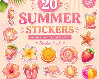 20 Tropical Summer Stickers PNG Bundle – Beach, Fruit, Icons (Digital Download)