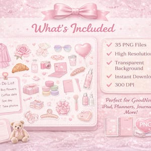 May include: A digital art collection in shades of pink, featuring various illustrations such as a pajama set, rose, sunglasses, and a heart-shaped balloon. The image includes a to-do list, a teddy bear, and text that reads "What's Included".