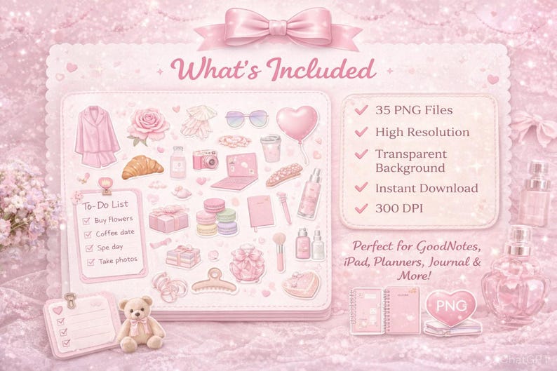 May include: A digital art collection in shades of pink, featuring various illustrations such as a pajama set, rose, sunglasses, and a heart-shaped balloon. The image includes a to-do list, a teddy bear, and text that reads "What's Included".