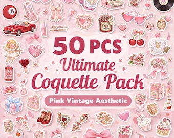 50 Coquette PNG Stickers Bundle, Pink Vintage Aesthetic Clipart Pack, Cute Girly Digital Download for Cricut, Journal, Planner
