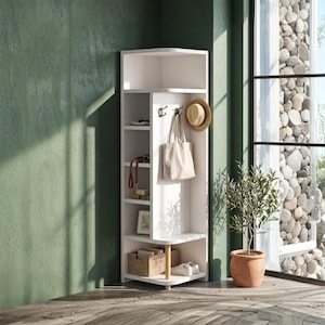 Corner Coat Rack Shelf Wooden Entryway Organizer with Hooks | Vertical Storage Unit Small Space Furniture Modern Minimalist Decor