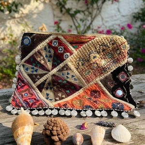 Vintage Style Pull & Bear Bag, Bohemian Patchwork Clutch, Embroidered Makeup Pouch, Coin Fringe Purse