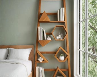 Geometrische ladderplank houten muur scheve boekenkast, modern minimalistisch opbergrek, decoratieve displaystandaard woonkamer slaapkamerorganizer