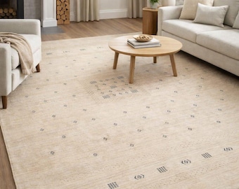 Handloom Wool Gabbeh Rug | Minimalist Tribal Design Beige Wool Carpet | Living Room & Bedroom Rug|