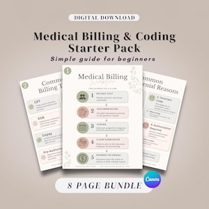 Medical Billing & Coding Starter Pack, Beginner Guide, ICD-10 CPT Basics, Claim Denial Tips, Printable PDF, Canva Editable Template