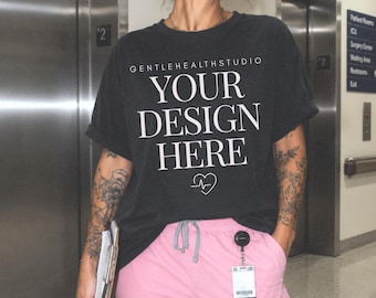 Black Nurse Shirt Mockup Comfort Colors 1717, RN T Shirt Mockup, Hospital Elevator Mockup, Healthcare Shirt Mock Up, Medical Lifestyle JPG