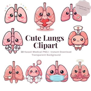 Könnte beinhalten: Eine Sammlung niedlicher, cartoonartiger Lungenillustrationen in verschiedenen Posen. Einige Lungen halten ein Herz, tragen einen Arztkittel oder eine Gesichtsmaske. Der Text "Cute Lungs Clipart" wird zusammen mit "10 Kawaii Medical PNG | Instant Download Transparent Background" angezeigt.