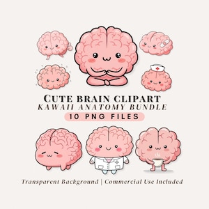 Op de afbeelding: Een verzameling van tien schattige, cartoonachtige hersen-clipartafbeeldingen in verschillende poses. De hersenen zijn roze met zwarte contouren en gezichtskenmerken. Tekst luidt "CUTE BRAIN CLIPART, KAWAII ANATOMY BUNDLE, 10 PNG FILES".