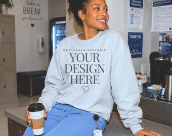 Nurse Sweatshirt Mockup Ash Gildan 18000, RN Sweatshirt Mockup, Healthcare Sweatshirt Mock Up, Hospital Break Room Mockup, Medical Lifestyle
