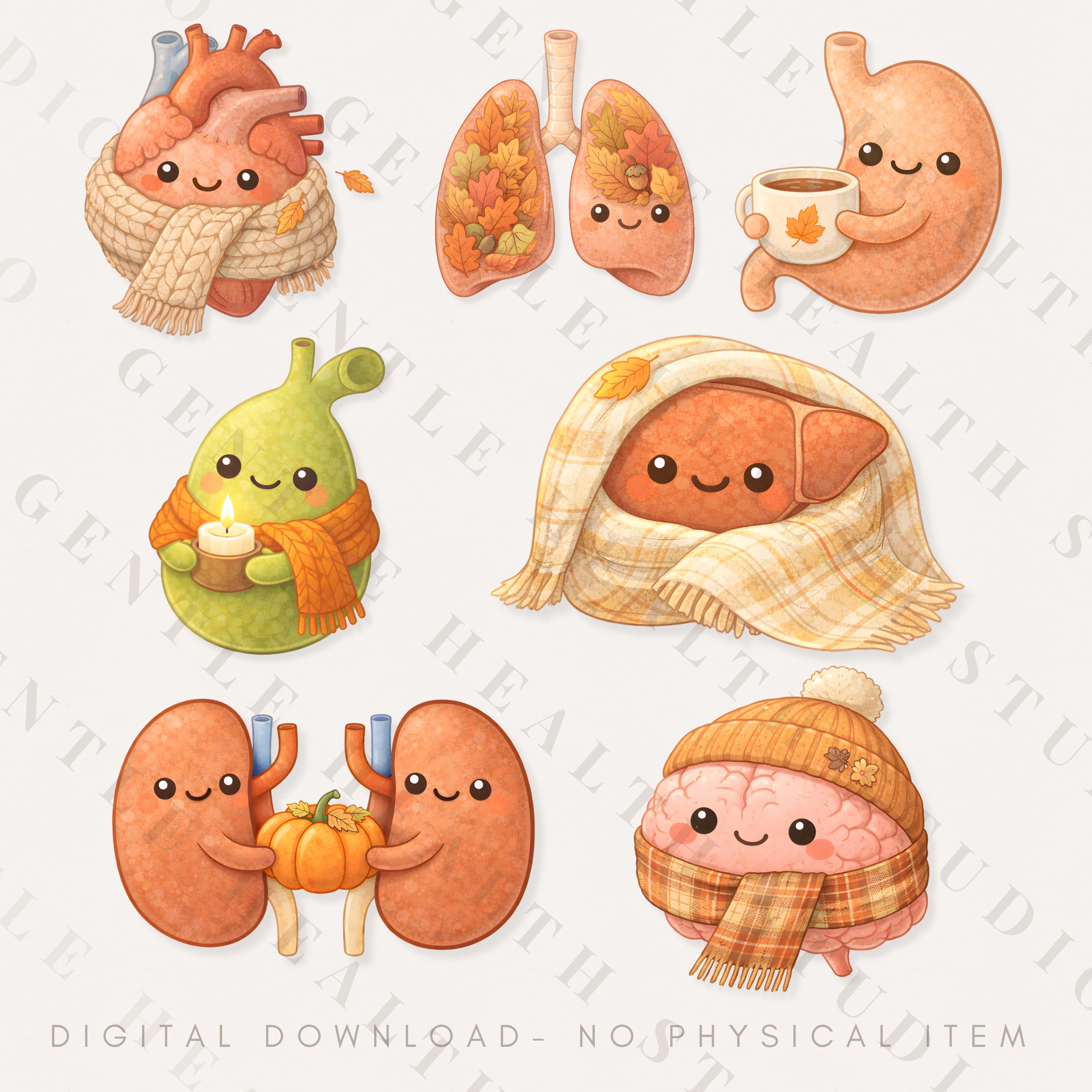 Cute Fall Nurse Clipart Png Bundle, Kawaii Anatomy Organs Autumn ...