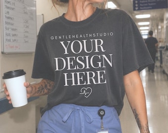 Nurse Shirt Mockup, Pepper Comfort Colors 1717 Mockup, Healthcare Worker Mockup, Hospital Hallway Tee Mockup, Tattooed Female Shirt Mockup