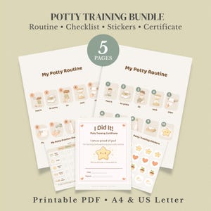 May include: A potty training bundle featuring a routine chart, checklist, stickers, and a certificate. The bundle includes a "My Potty Routine" chart, a checklist, stickers, and a "I Did It!" certificate. Available in printable PDF format, A4 & US Letter.