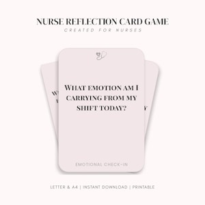 May include: A set of light pink cards with rounded corners. The text "NURSE REFLECTION CARD GAME" and "CREATED FOR NURSES" are at the top. The main card reads "WHAT EMOTION AM I CARRYING FROM MY SHIFT TODAY?" and "EMOTIONAL CHECK-IN".