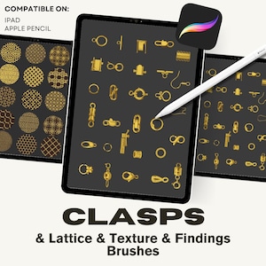 Può includere: Pennelli per arte digitale per iPad e Apple Pencil. L'immagine mostra una collezione di chiusure, motivi a reticolo e trame color oro. Il testo sull'immagine recita "CLASPS & Lattice & Texture & Findings Brushes."