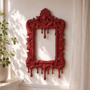 Pode incluir: Uma moldura vermelha decorativa com detalhes ornamentados e um design de gotejamento único. A moldura é retangular com uma abertura central e é montada em uma parede branca. Uma peça decorativa ousada.