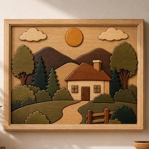 May include: A rectangular wooden wall art piece featuring a layered landscape scene. The design includes a house with a brown roof, a winding path, green trees, dark mountains, two clouds, and a circular sun, all framed in a light wood border.